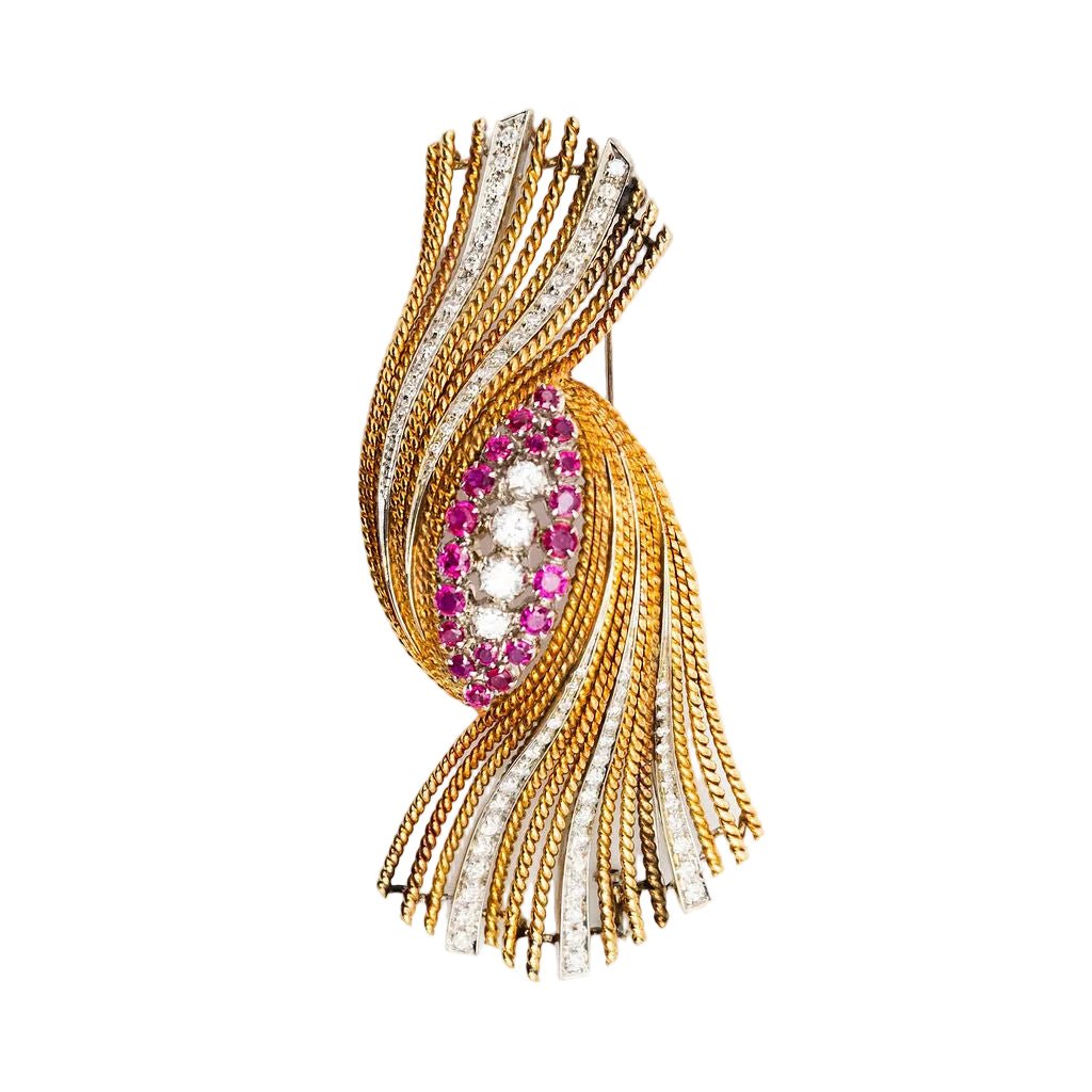 Broche Épingle en or blanc, or jaune, rubis et diamants - Castafiore