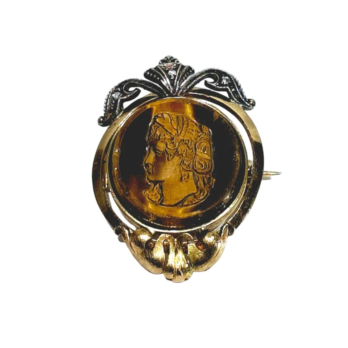 Broche Épingle en or blanc, or rose, oeil - de - tigre et diamants - Castafiore