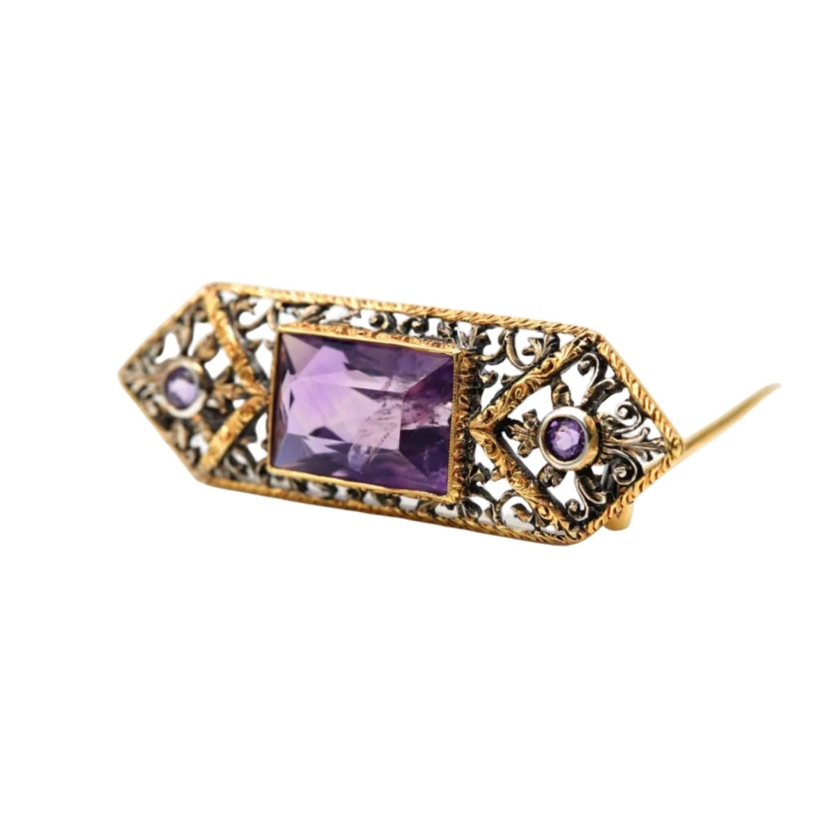 Broche Épingle en or jaune, argent et améthystes - Castafiore