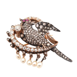 Broche Épingle en or jaune, argent, perles, rubis et diamants - Castafiore