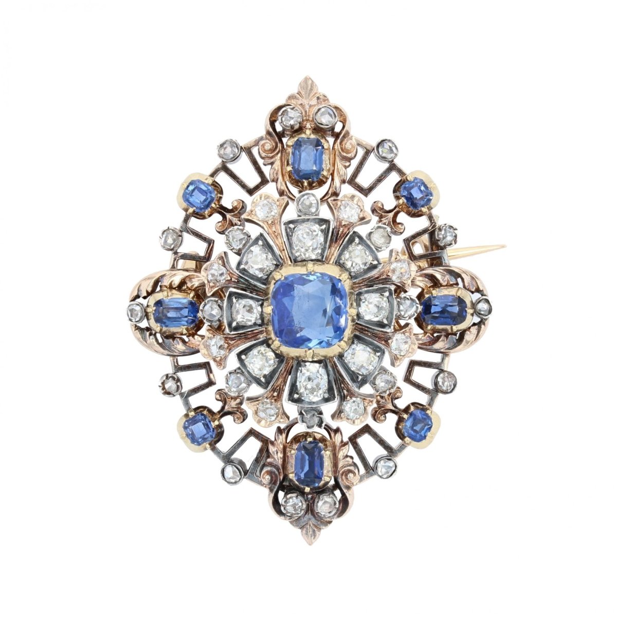 Broche Épingle en or jaune, argent, saphirs et diamants - Castafiore