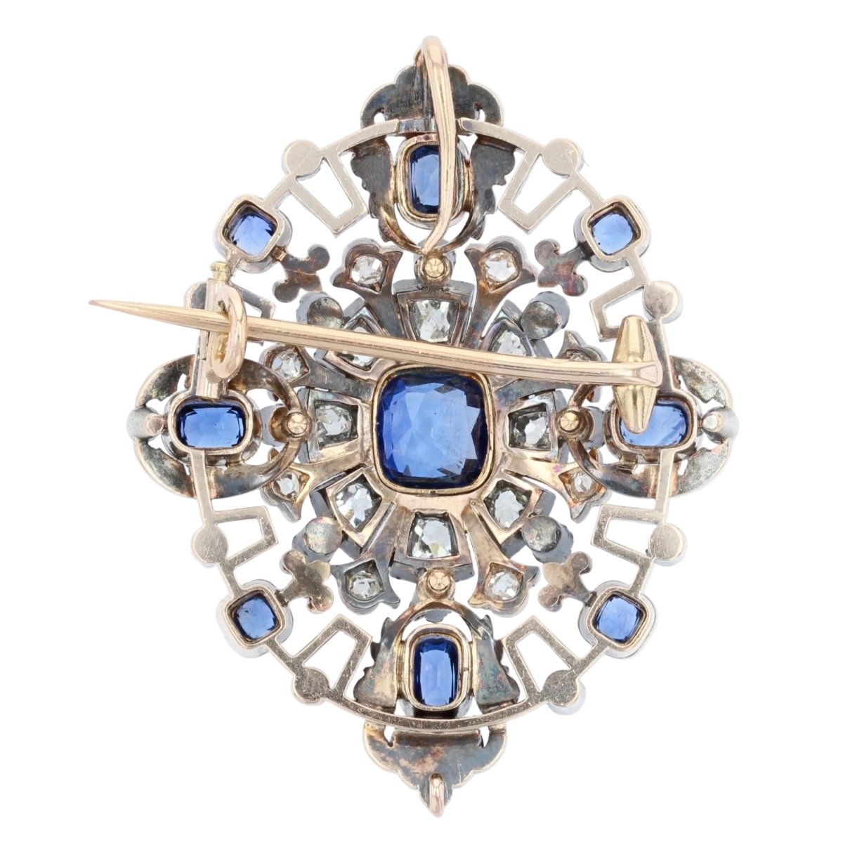 Broche Épingle en or jaune, argent, saphirs et diamants - Castafiore