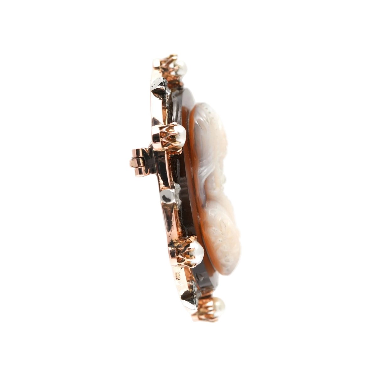 Broche Épingle en or jaune, camée, perles et diamants - Castafiore