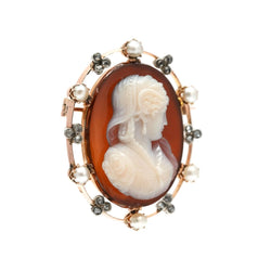 Broche Épingle en or jaune, camée, perles et diamants - Castafiore