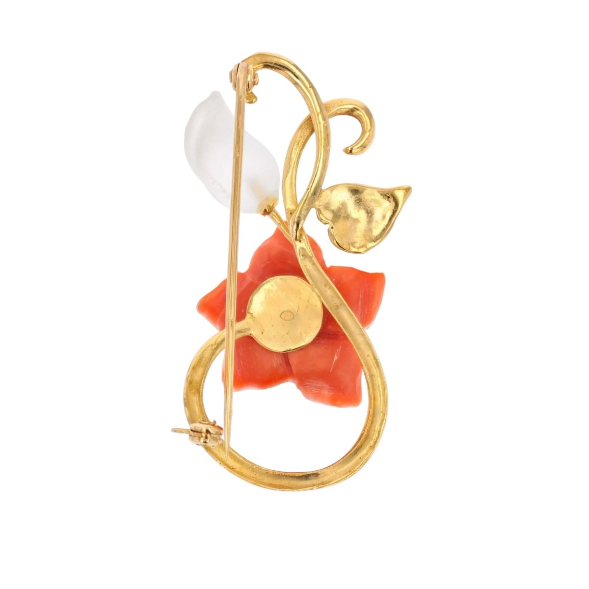 Broche Épingle en or jaune, corail, perle et cristal de roche - Castafiore