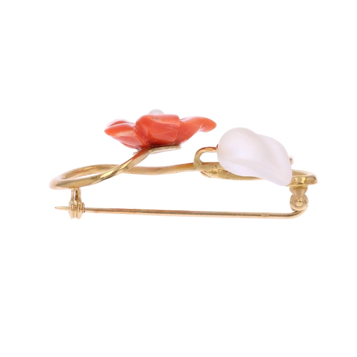 Broche Épingle en or jaune, corail, perle et cristal de roche - Castafiore