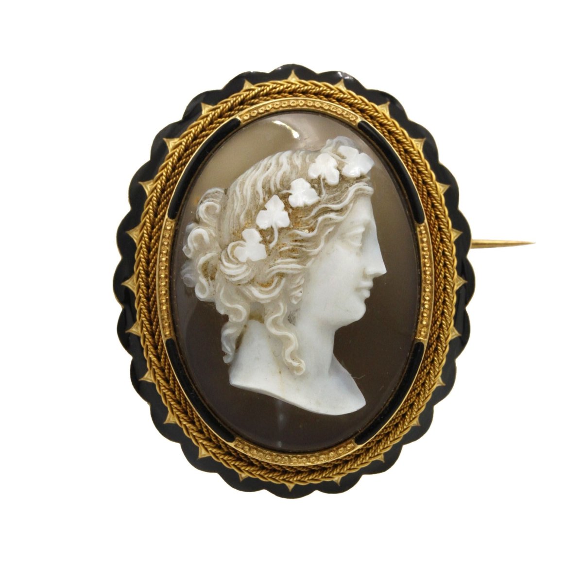Broche Épingle en or jaune, émail et camée agate - Castafiore