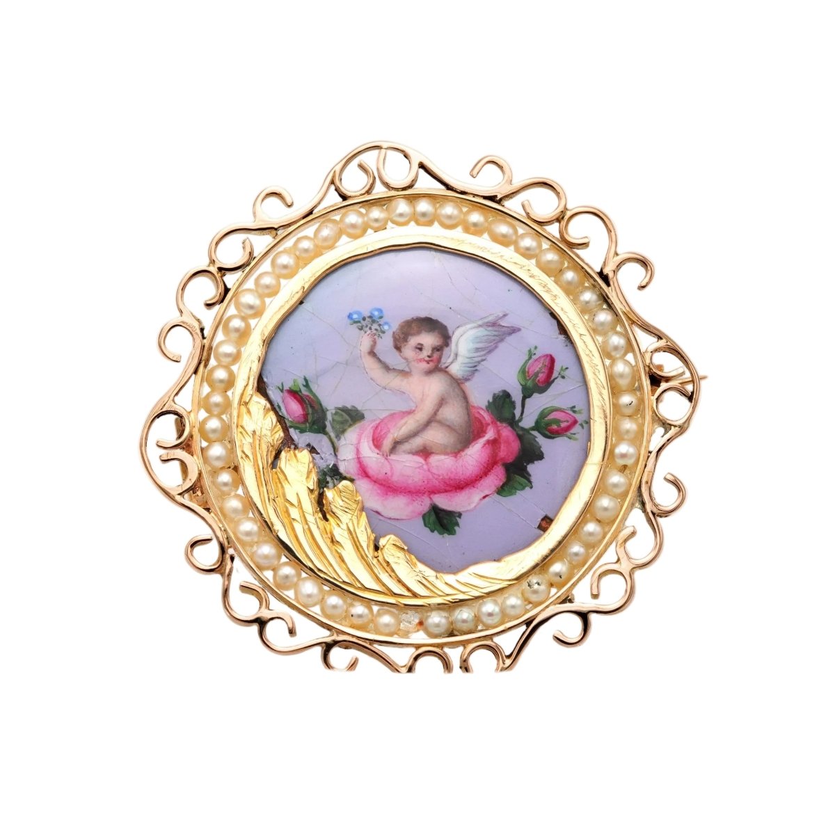 Broche Épingle en or jaune, émail et perles - Castafiore
