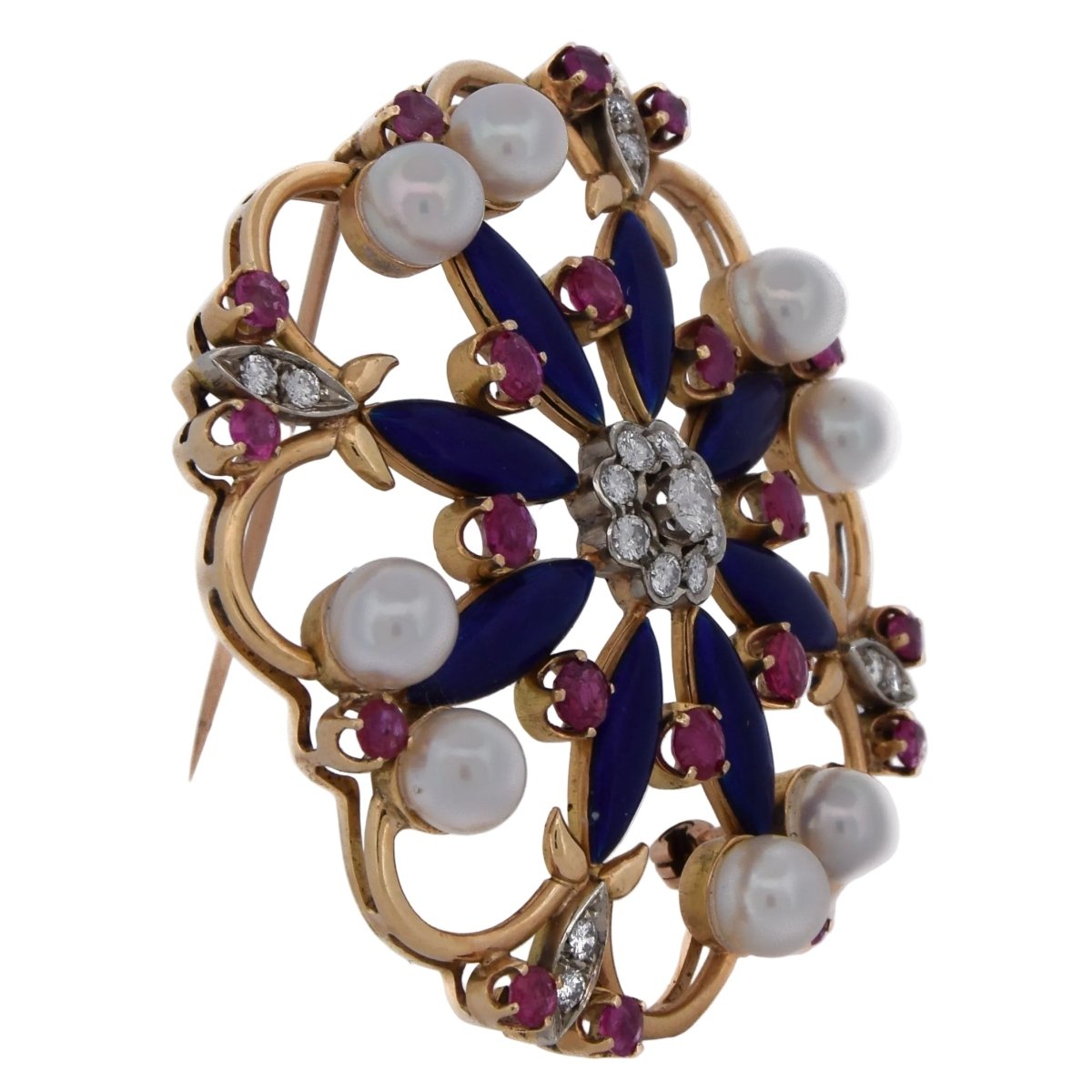 Broche Épingle en or jaune, émail, perles, rubis et diamants - Castafiore