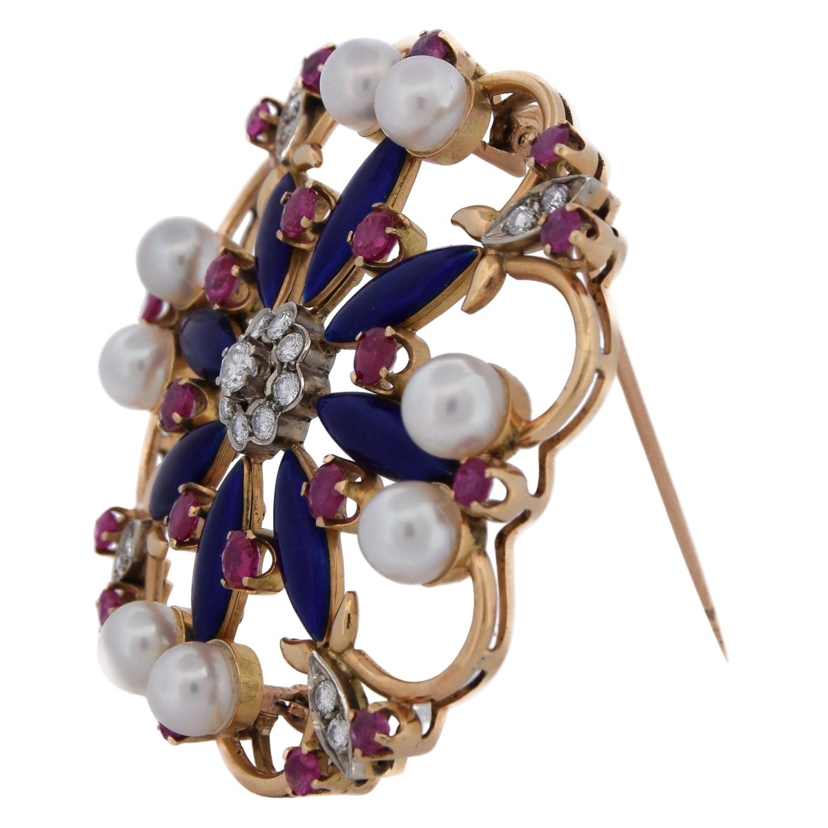 Broche Épingle en or jaune, émail, perles, rubis et diamants - Castafiore