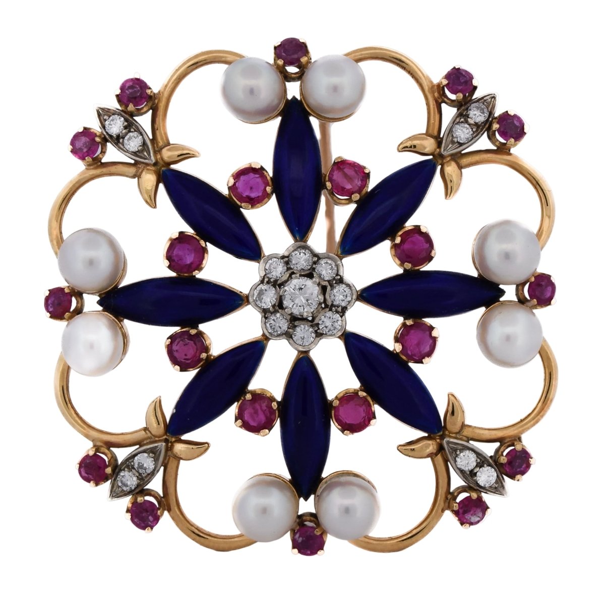 Broche Épingle en or jaune, émail, perles, rubis et diamants - Castafiore