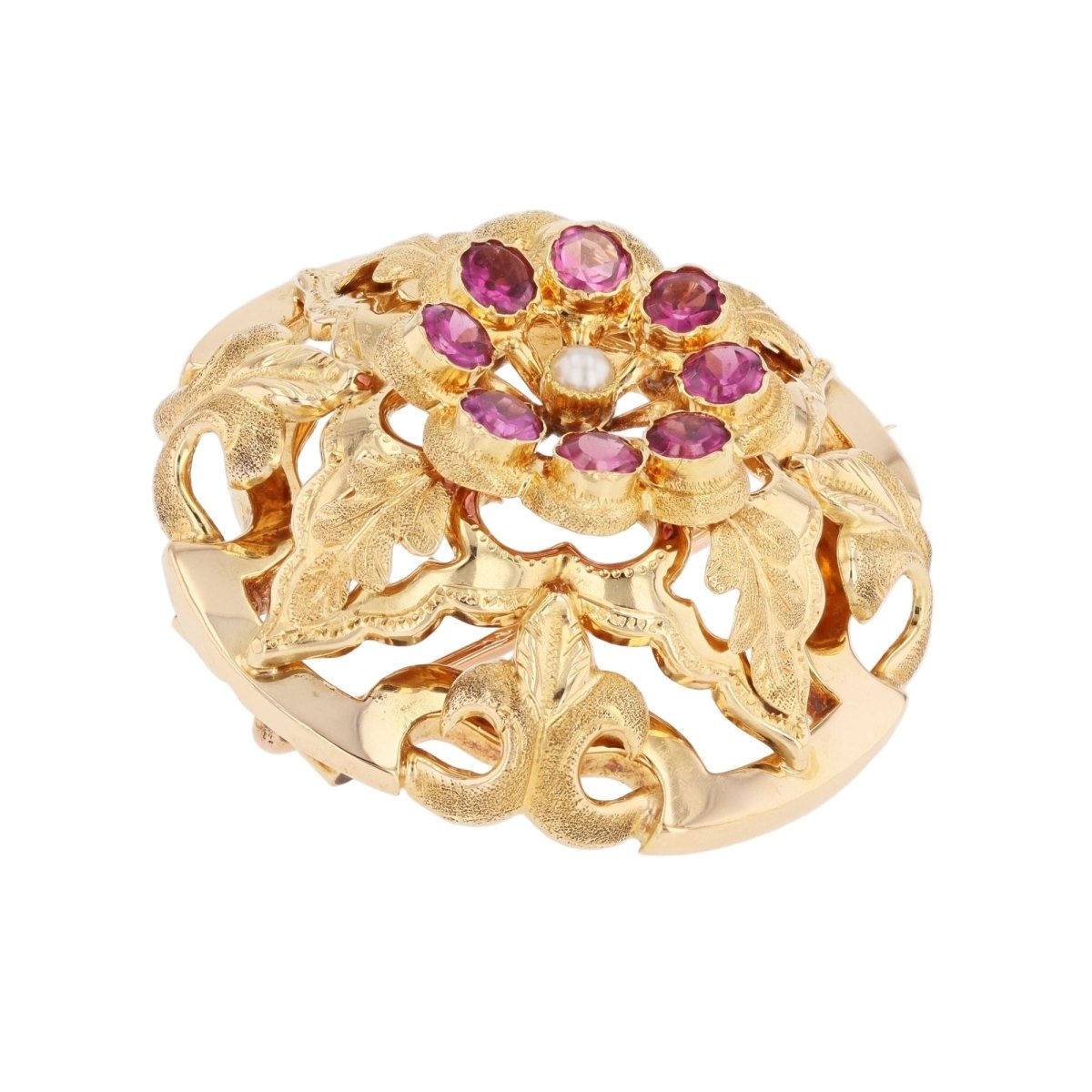 Broche Épingle en or jaune, grenats et perle - Castafiore