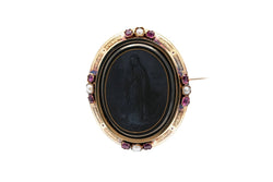 Broche Épingle en or jaune, onyx, perles et rubis - Castafiore