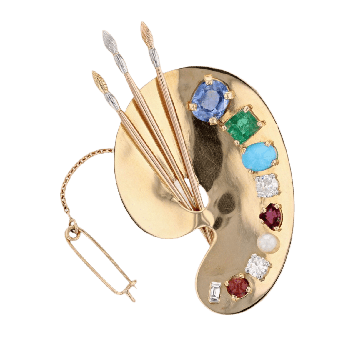 Broche Épingle en or jaune, or rose, platine, saphir, émeraude, turquoise, grenats, perle et diamants - Castafiore