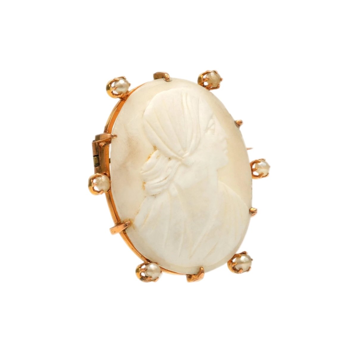 Broche Épingle en or jaune, perles et camée - Castafiore