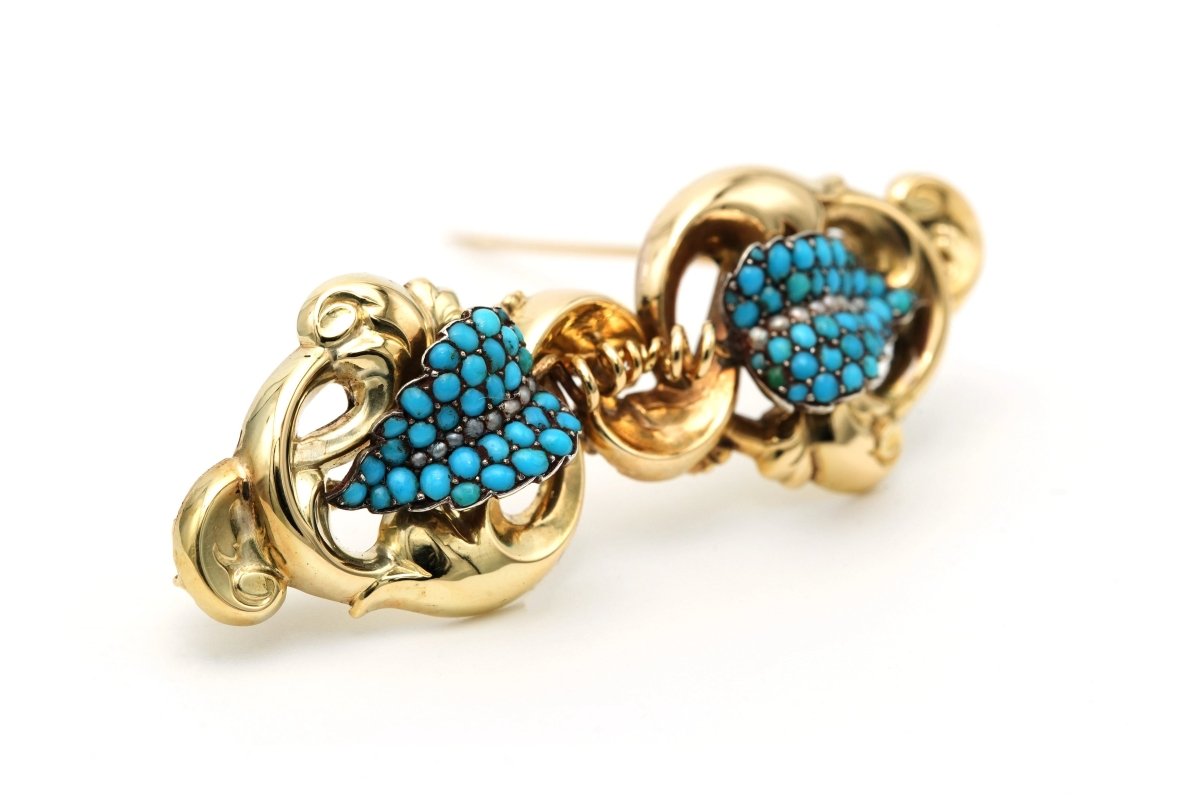 Broche Épingle en or jaune, perles et turquoises - Castafiore