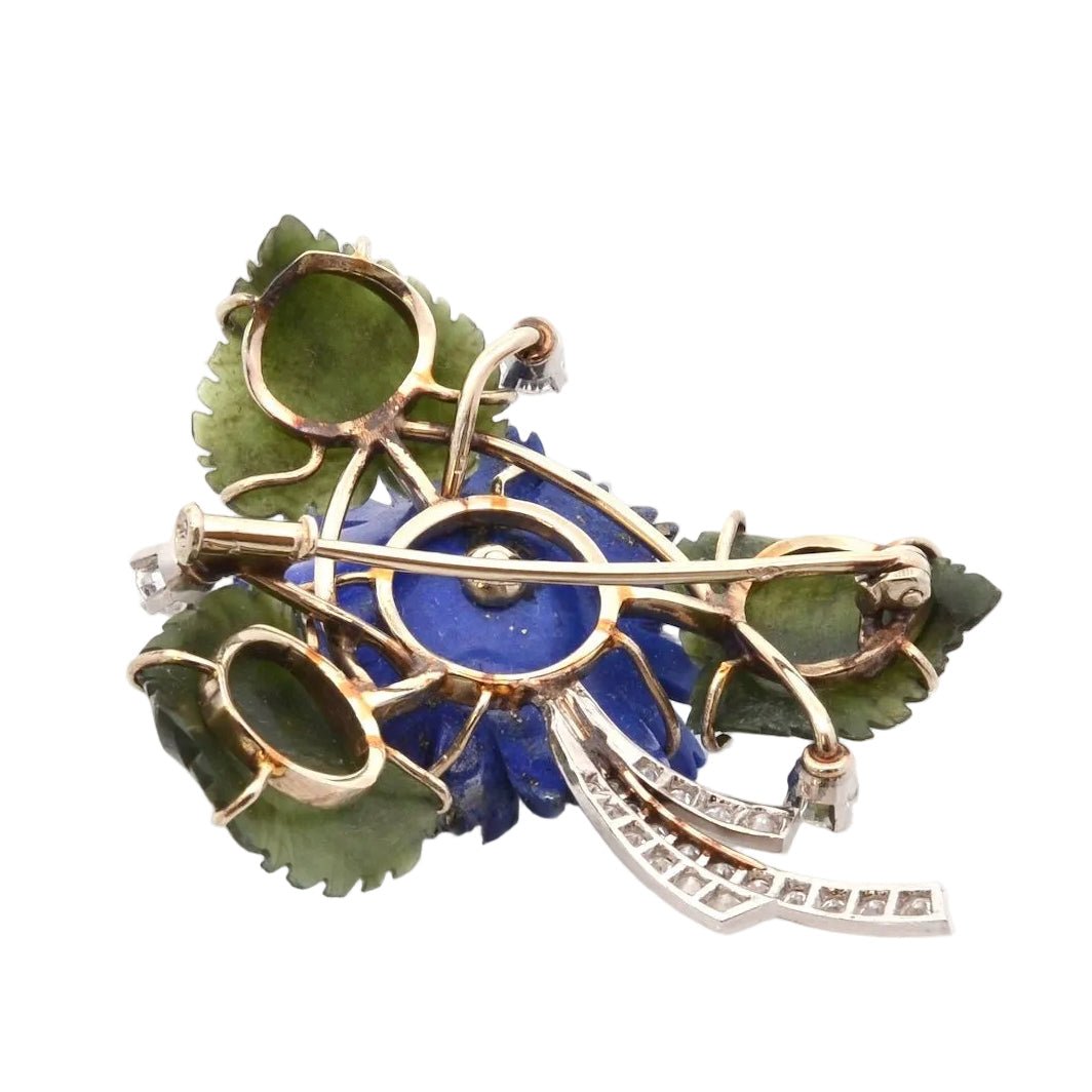 Broche Épingle en or jaune, platine, jade, lapis - lazuli et diamants - Castafiore