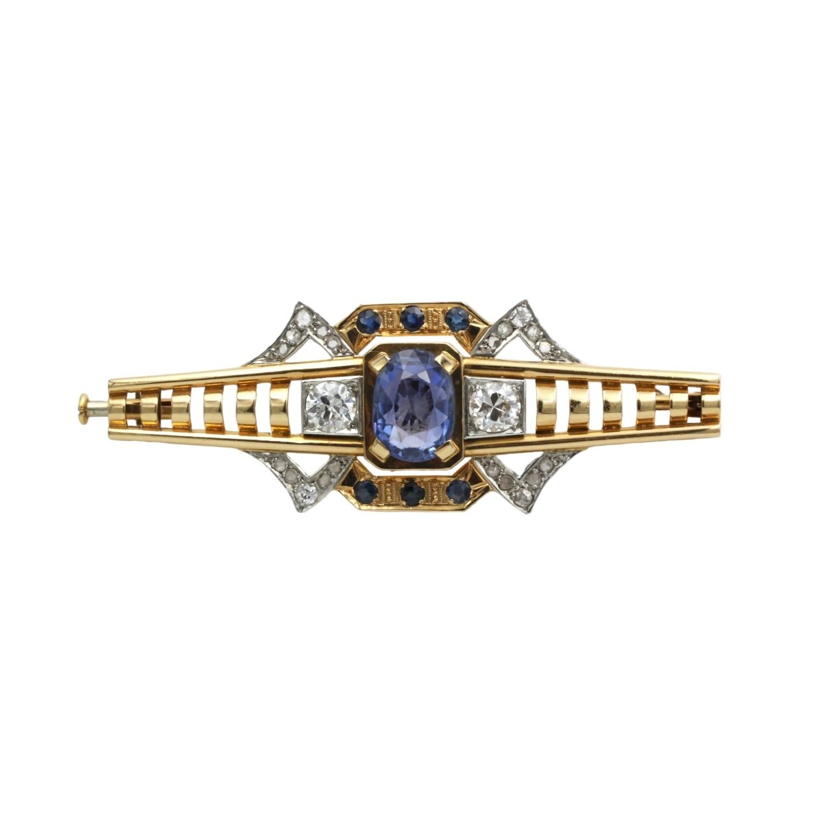 Broche Épingle en or jaune, platine, saphirs et diamants - Castafiore
