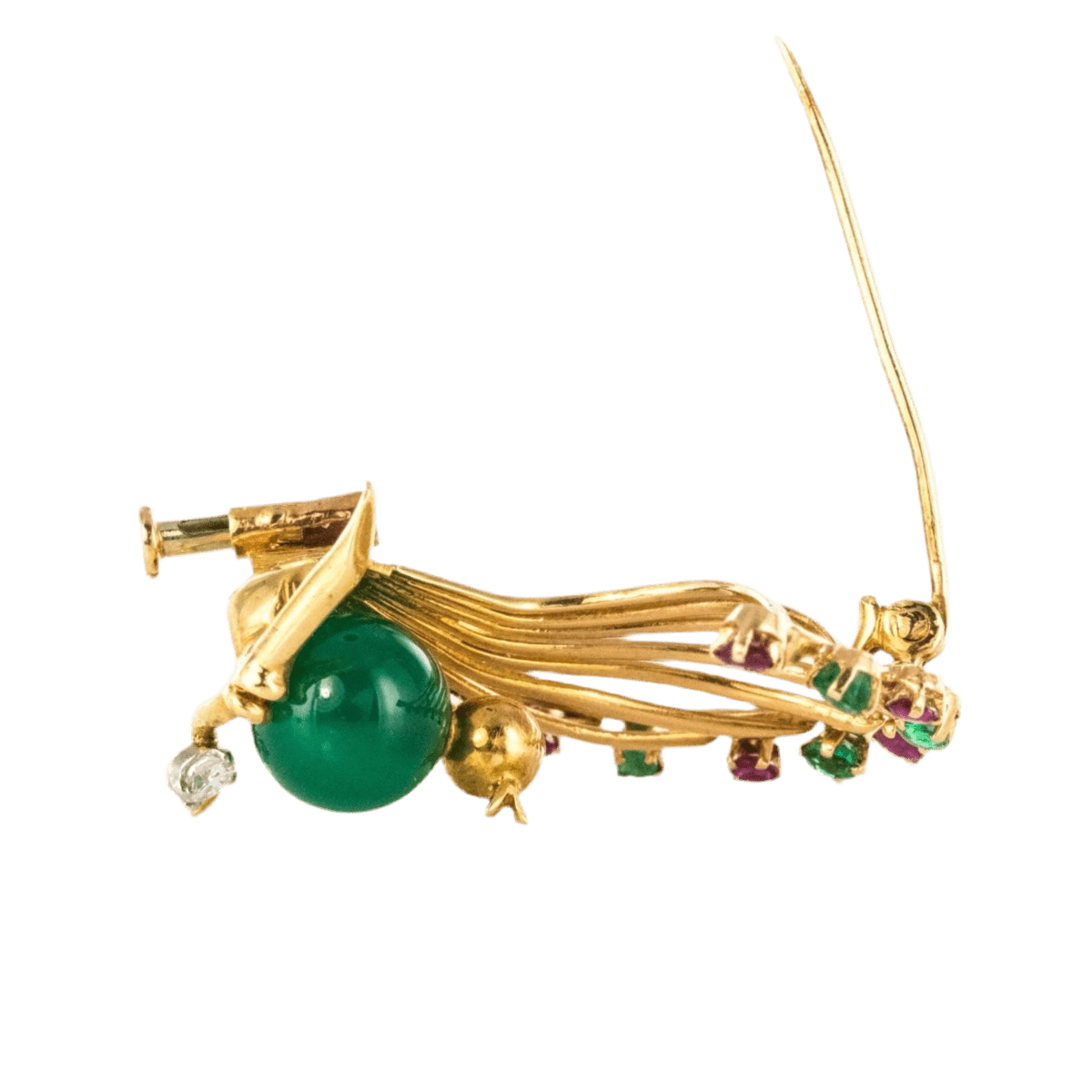 Broche Épingle en or jaune, rubis, chrysoprase, émeraudes et diamant - Castafiore