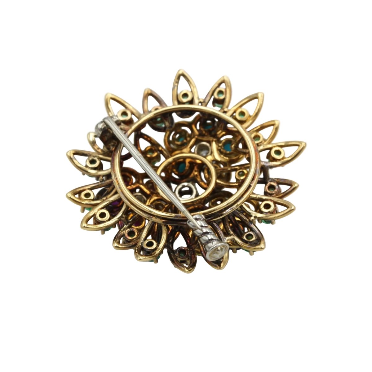 Broche Épingle en or jaune, rubis, émeraudes, saphirs et turquoises - Castafiore