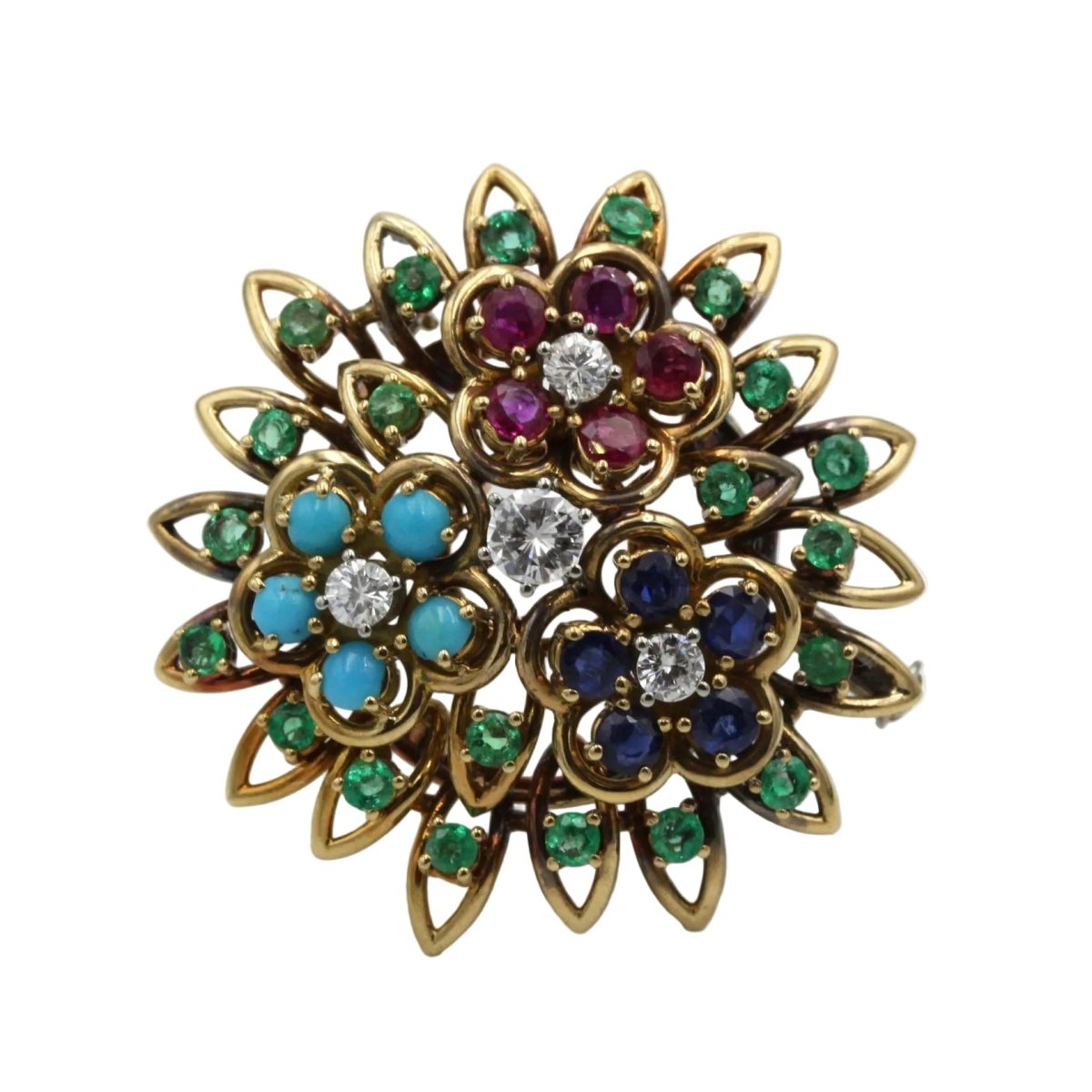 Broche Épingle en or jaune, rubis, émeraudes, saphirs et turquoises - Castafiore