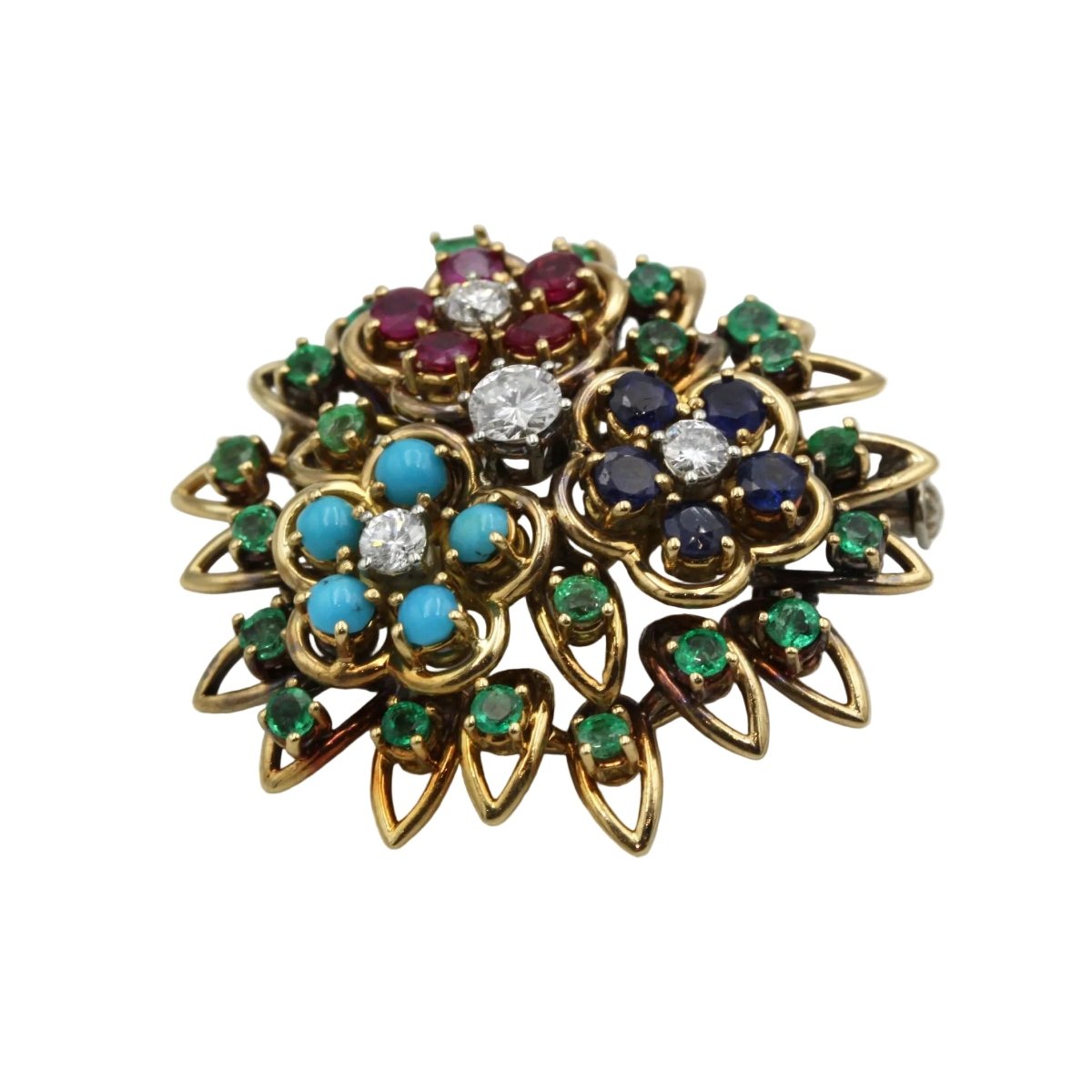 Broche Épingle en or jaune, rubis, émeraudes, saphirs et turquoises - Castafiore