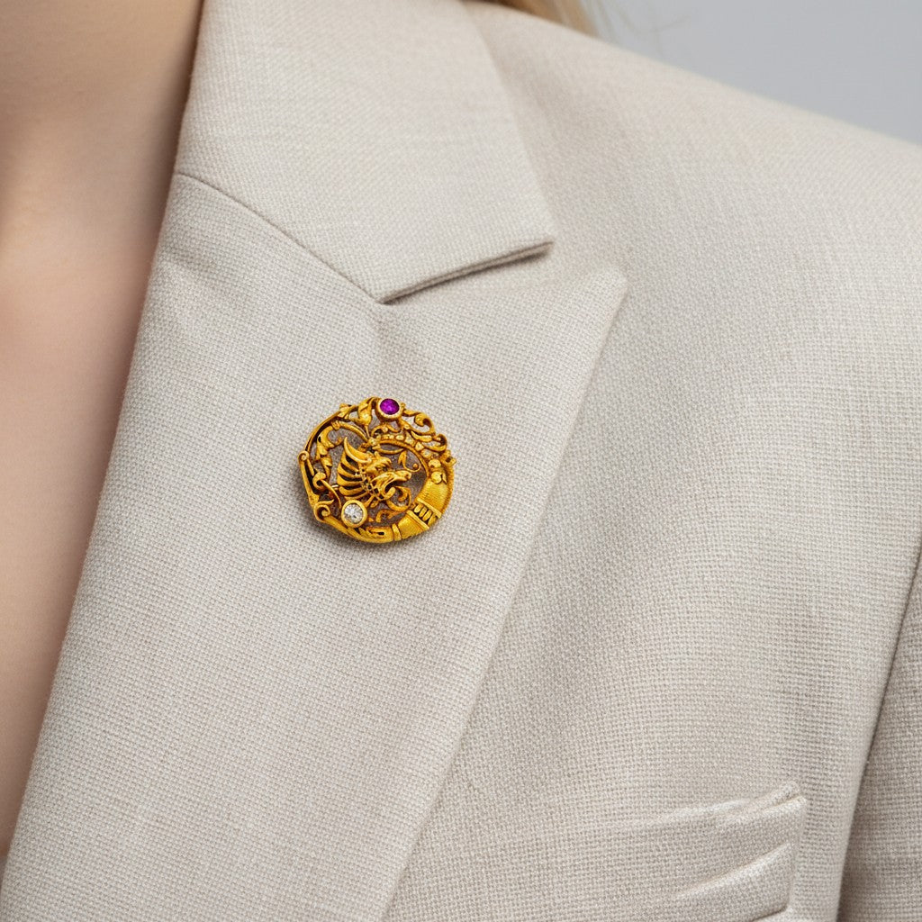 Broche Épingle en or jaune, rubis et diamant - Castafiore