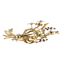 Broche Épingle en or jaune, rubis, saphirs et émeraude - Castafiore