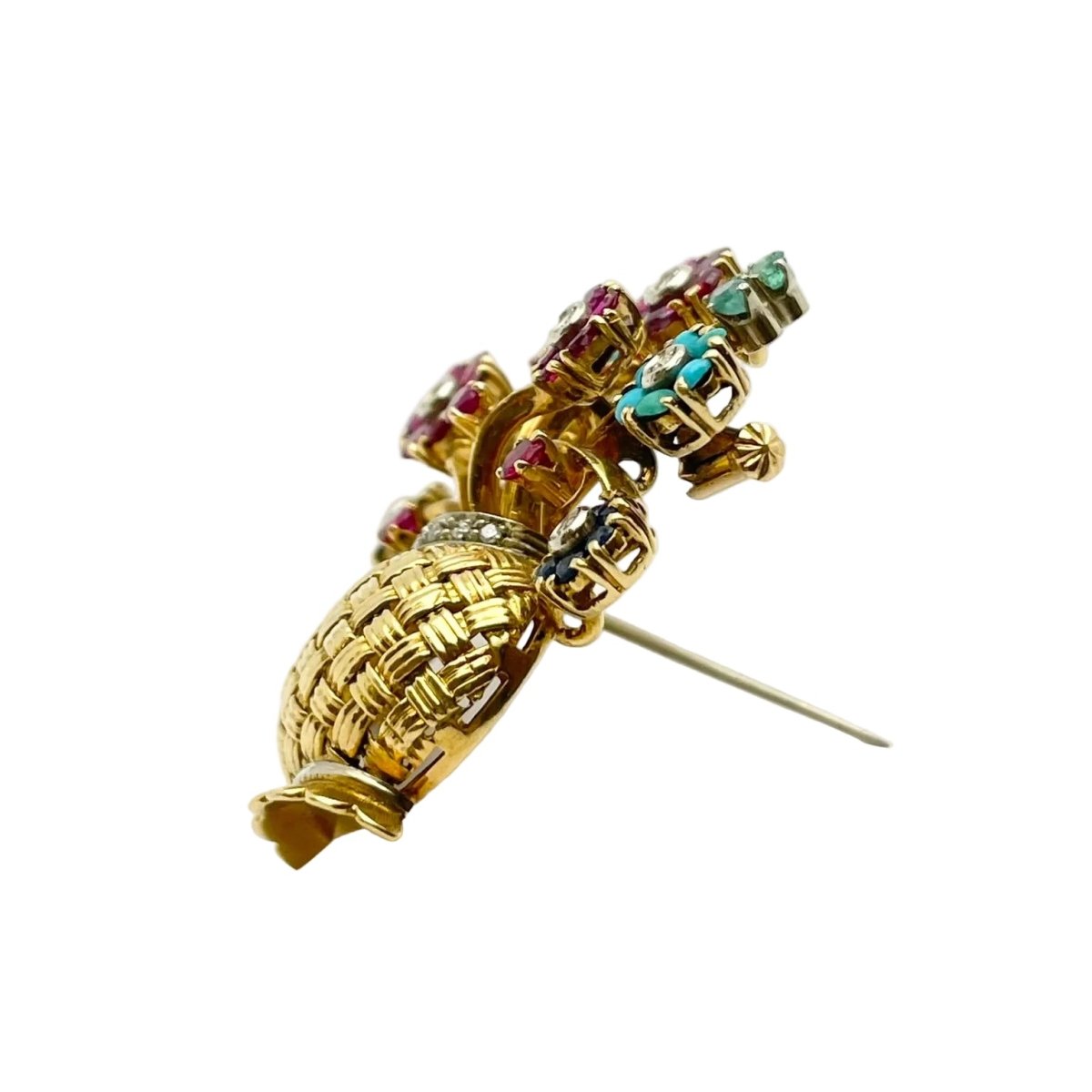 Broche Épingle en or jaune, saphirs, rubis, turquoises et diamants - Castafiore