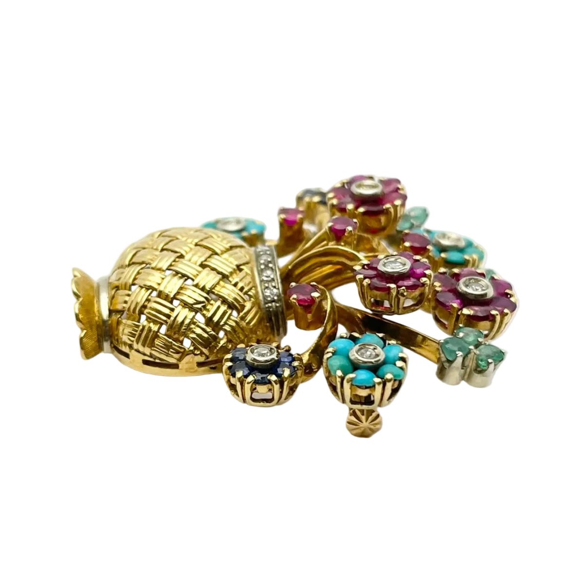 Broche Épingle en or jaune, saphirs, rubis, turquoises et diamants - Castafiore
