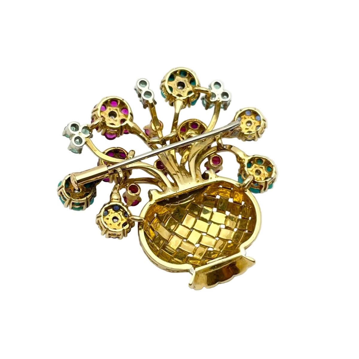 Broche Épingle en or jaune, saphirs, rubis, turquoises et diamants - Castafiore