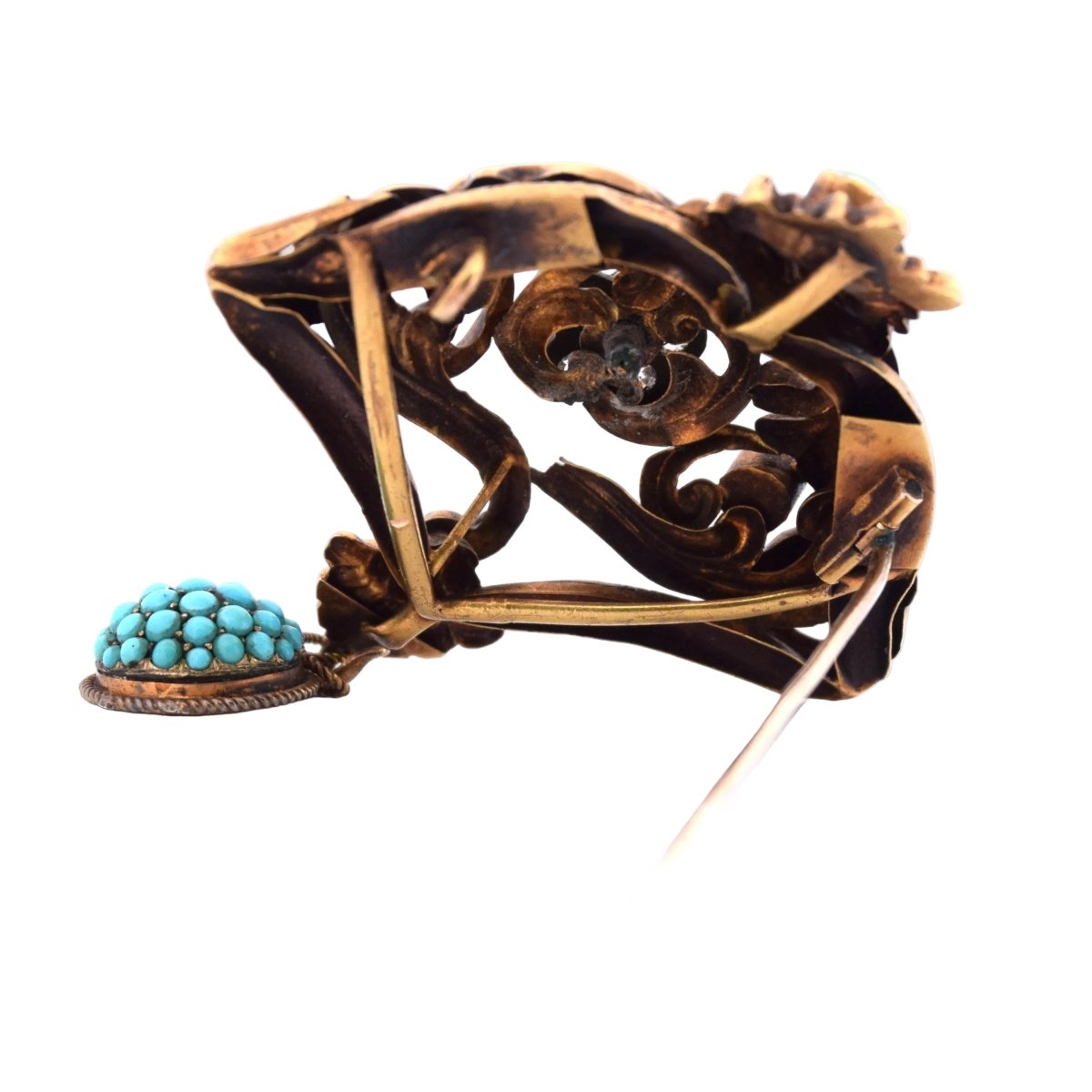 Broche Épingle en or jaune, turquoise et diamants - Castafiore