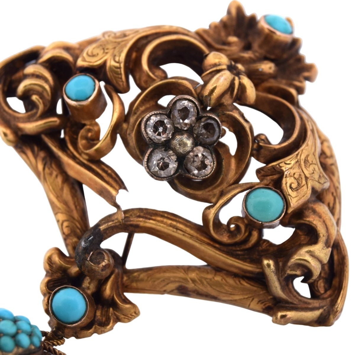 Broche Épingle en or jaune, turquoise et diamants - Castafiore