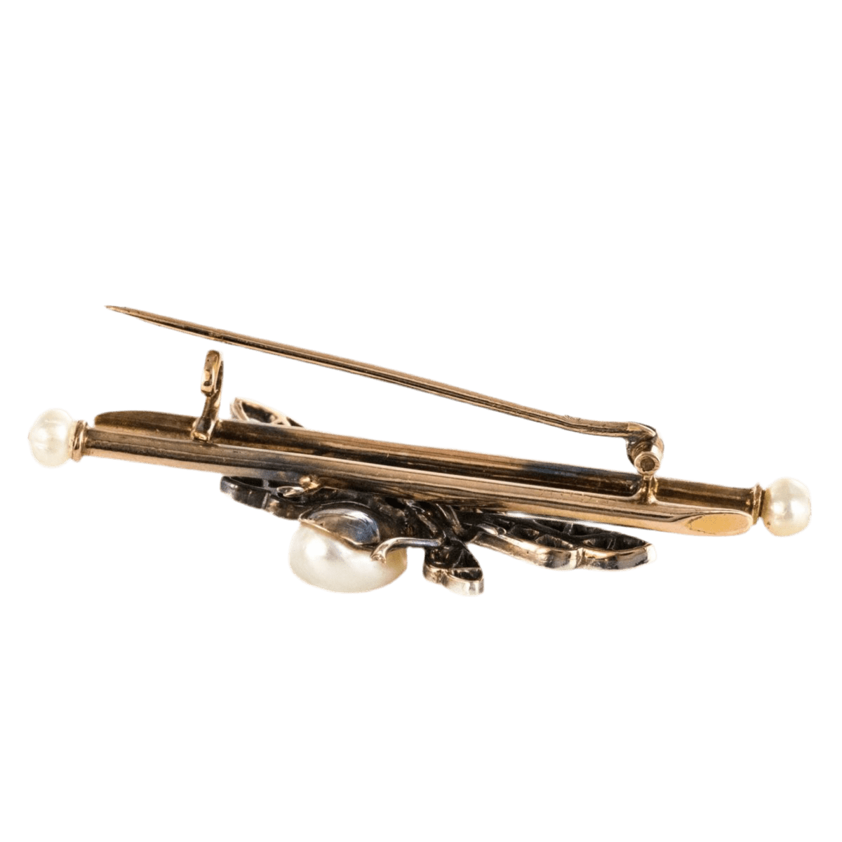 Broche Épingle en or rose, argent, perles, saphirs, rubis et diamants - Castafiore