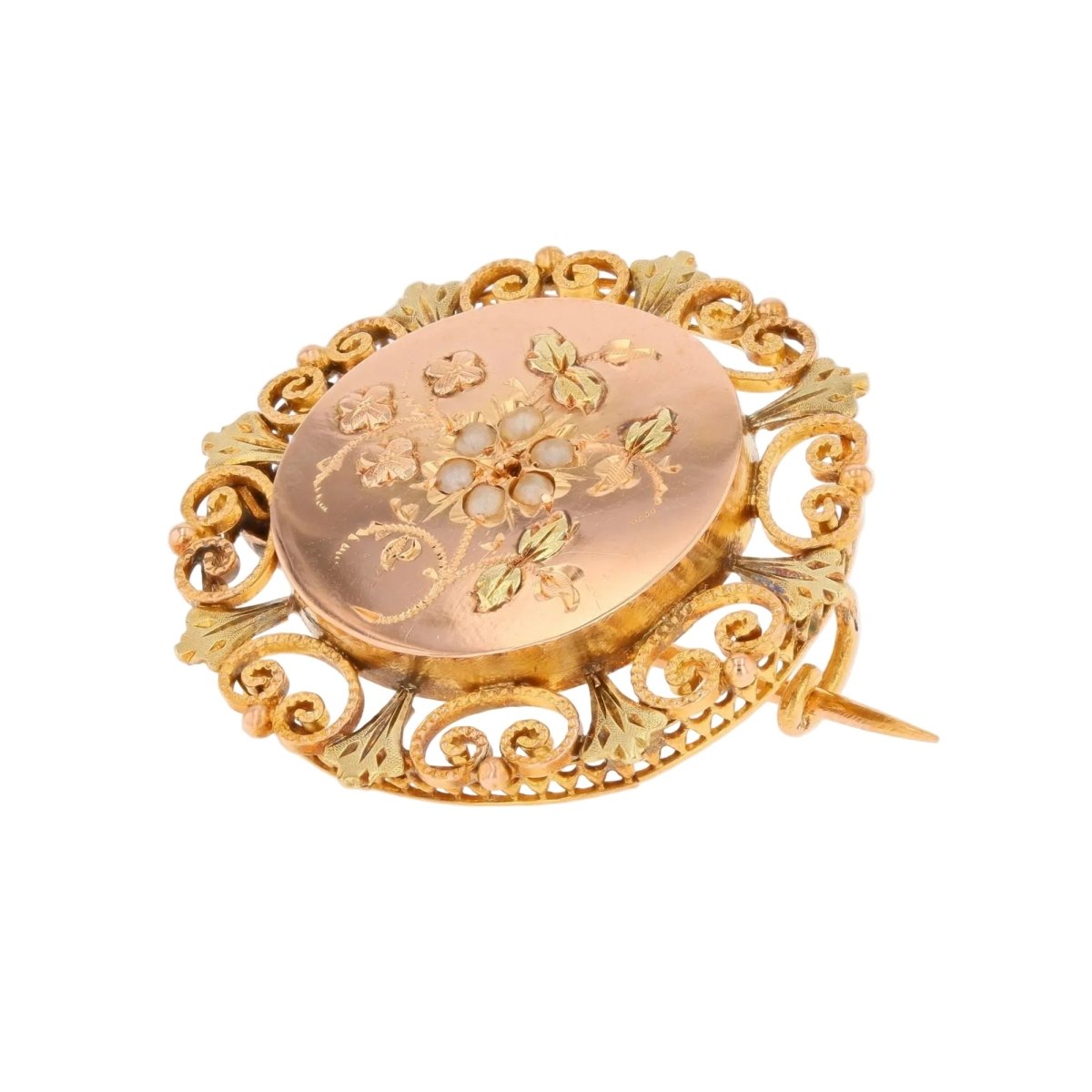Broche Épingle en or rose, or vert et perles - Castafiore