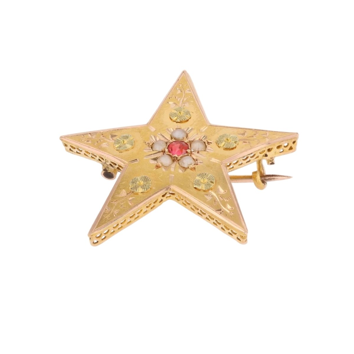 Broche Épingle en or rose, or vert, perle et grenat - Castafiore