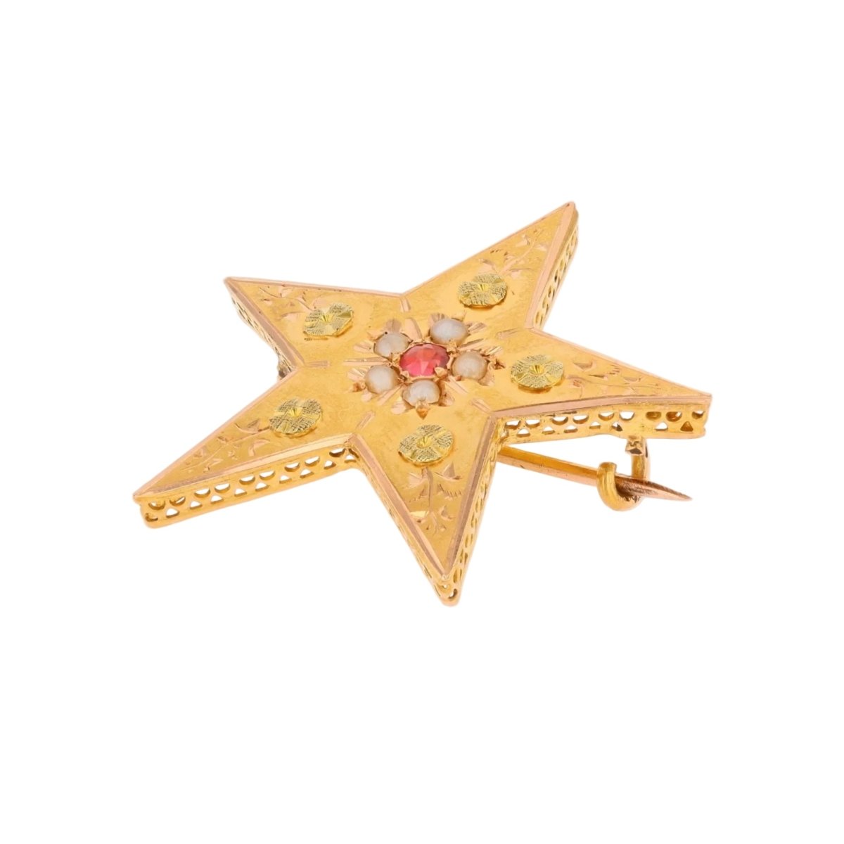 Broche Épingle en or rose, or vert, perle et grenat - Castafiore