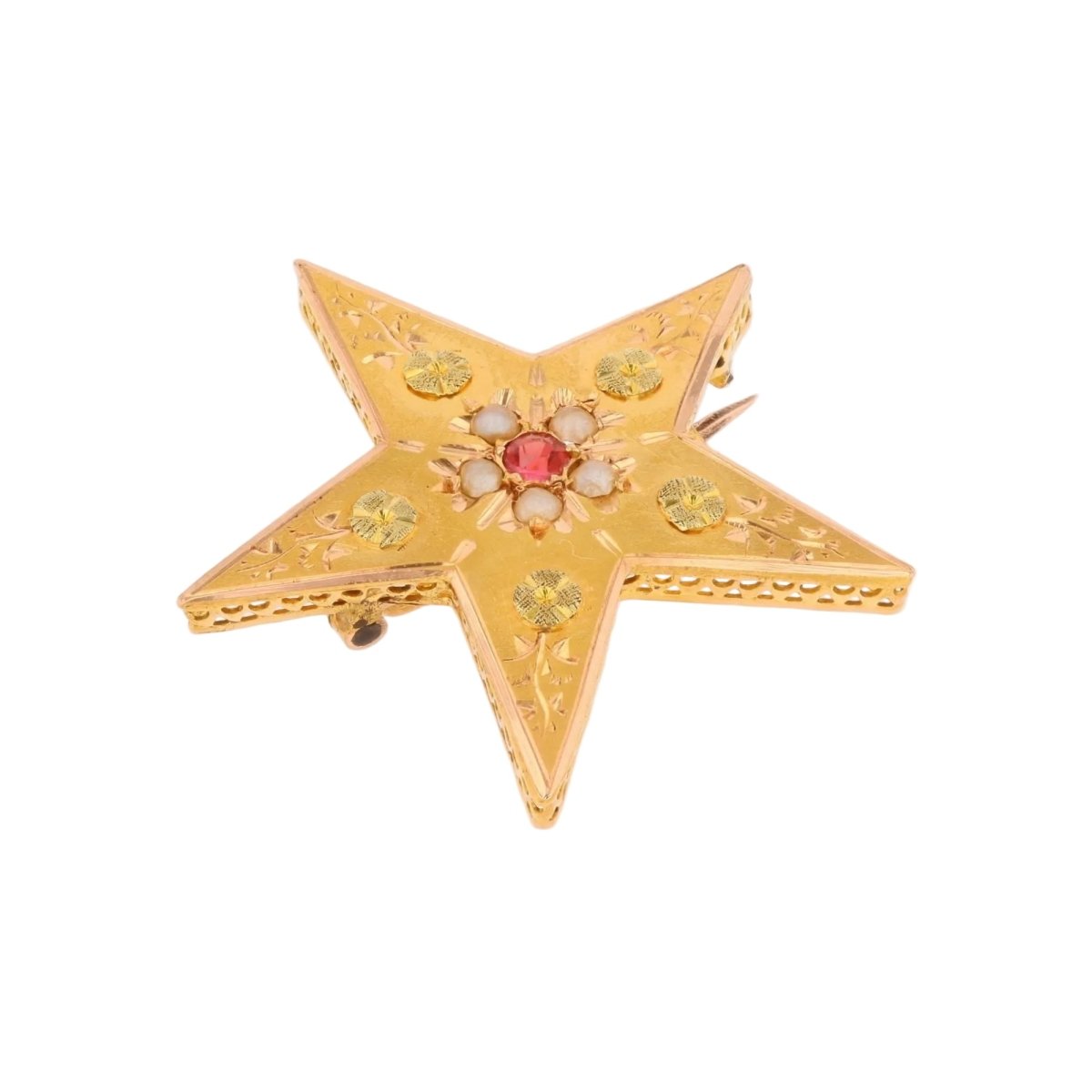 Broche Épingle en or rose, or vert, perle et grenat - Castafiore