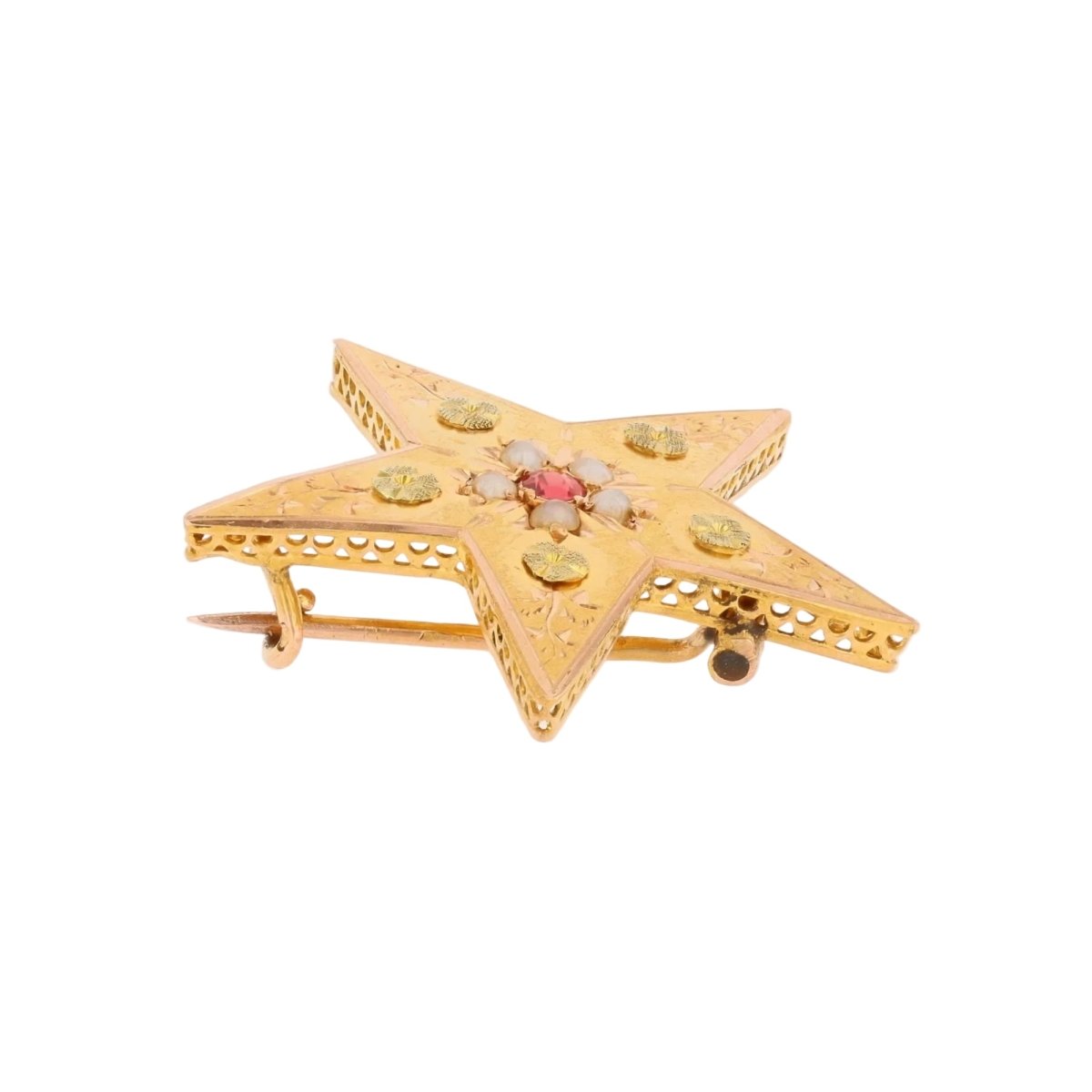 Broche Épingle en or rose, or vert, perle et grenat - Castafiore