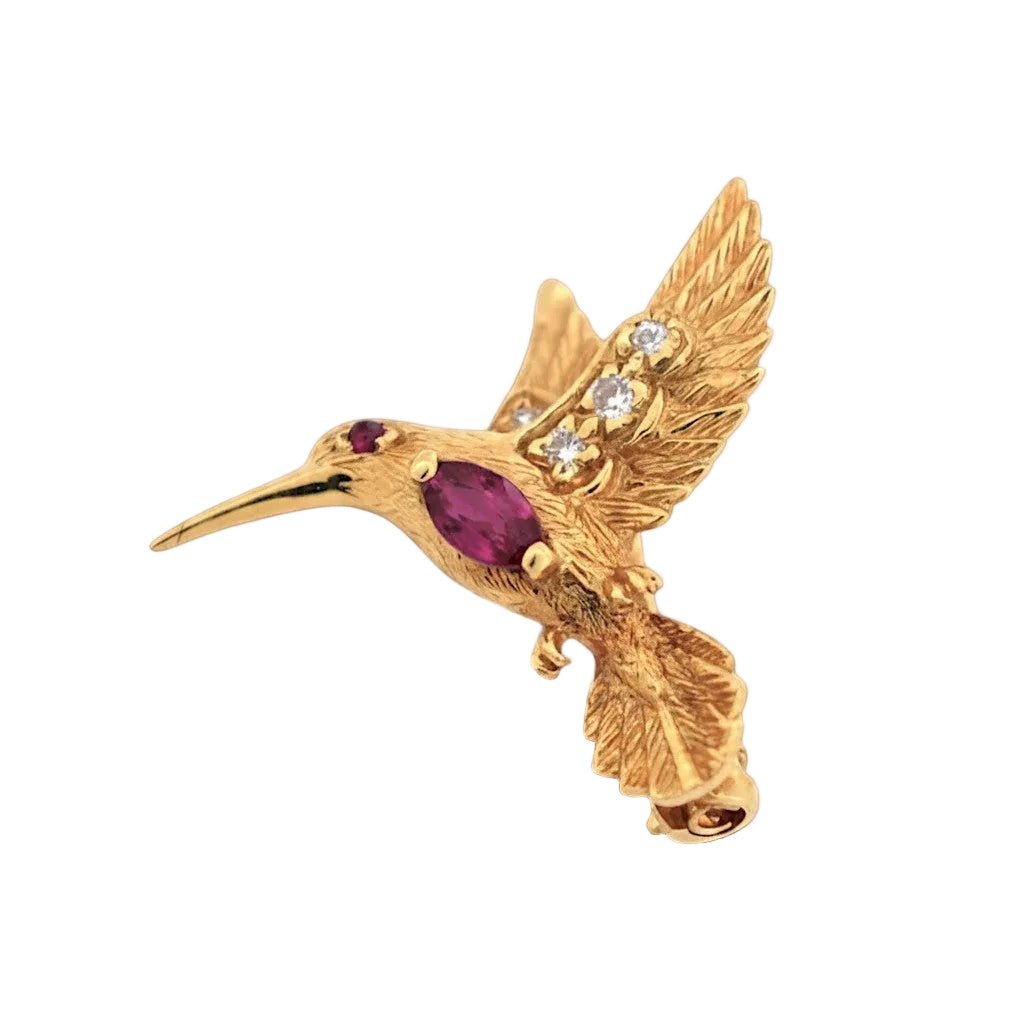 Broche Épingle E.WOLFE & CO. en or jaune, rubis et diamants - Castafiore