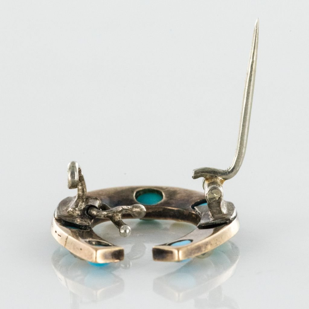Broche fer à cheval turquoises perles fines diamants - Castafiore