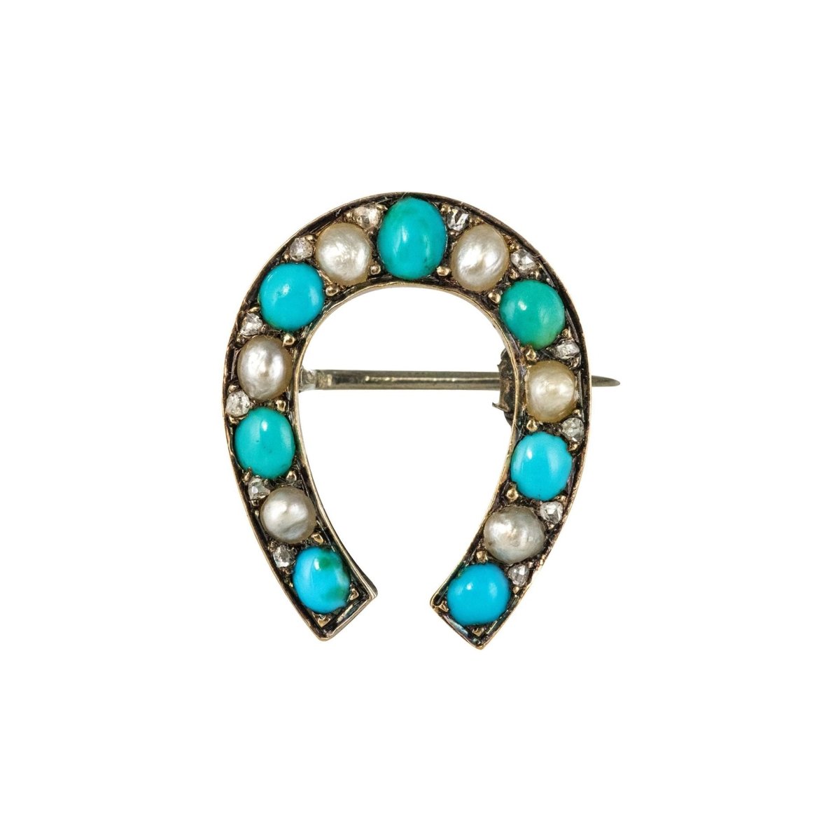 Broche fer à cheval turquoises perles fines diamants - Castafiore