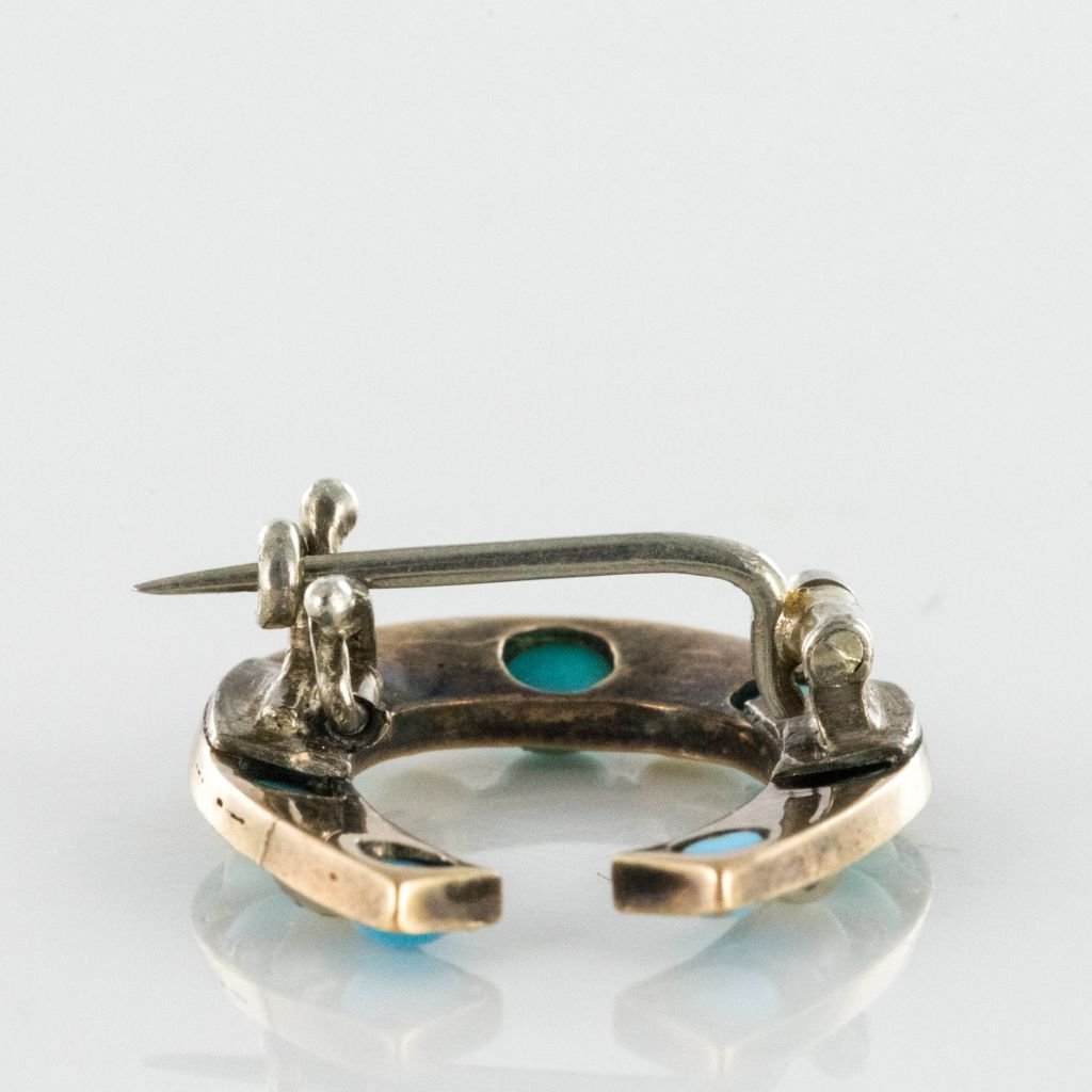 Broche fer à cheval turquoises perles fines diamants - Castafiore