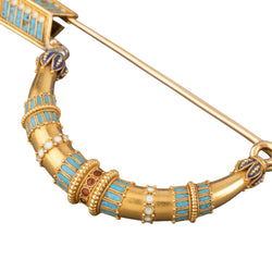 Broche Fibule en or jaune, émail et corail - Castafiore