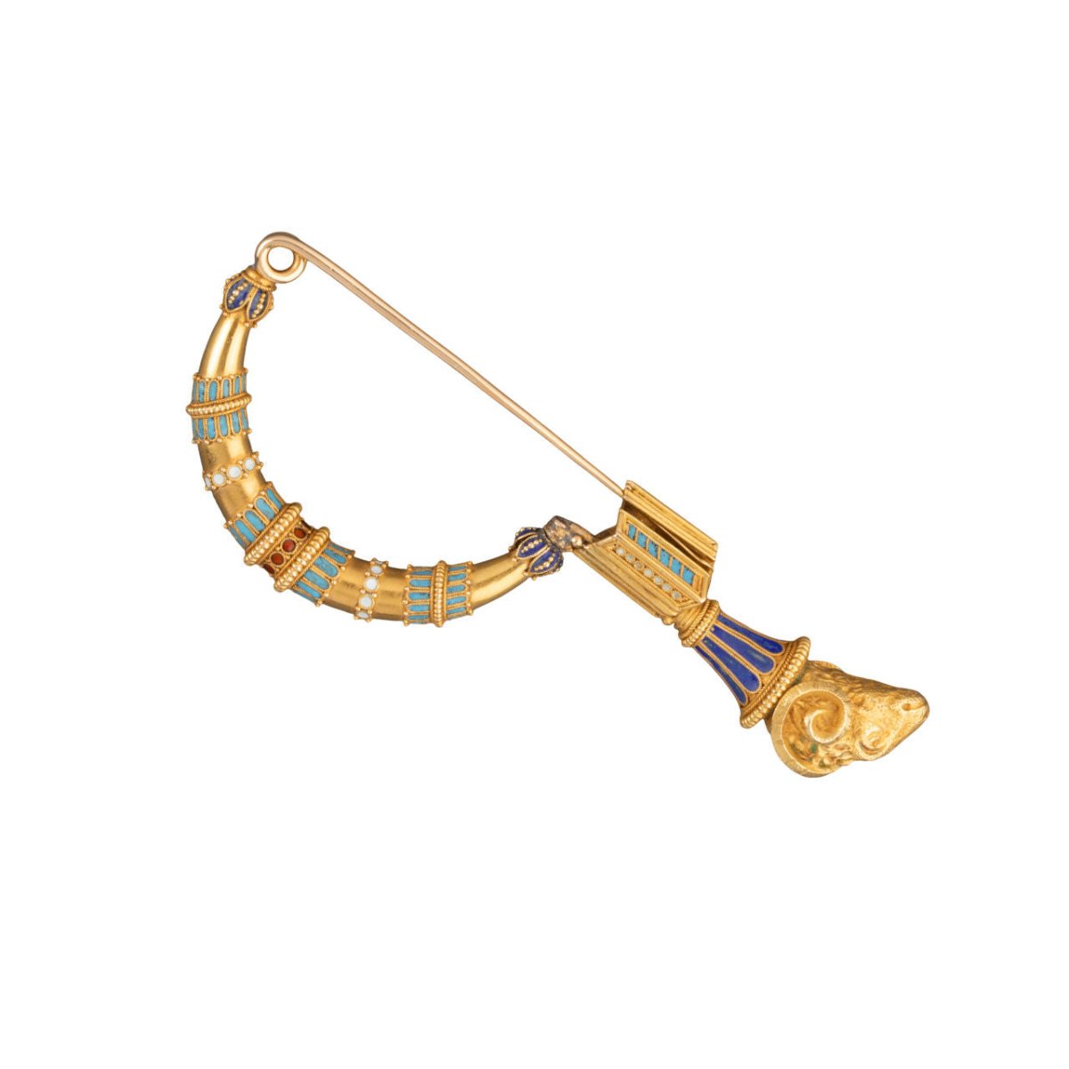 Broche Fibule en or jaune, émail et corail - Castafiore