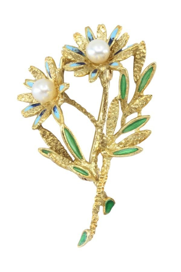 BROCHE FLORAL ÉMAIL ET PERLES - Castafiore