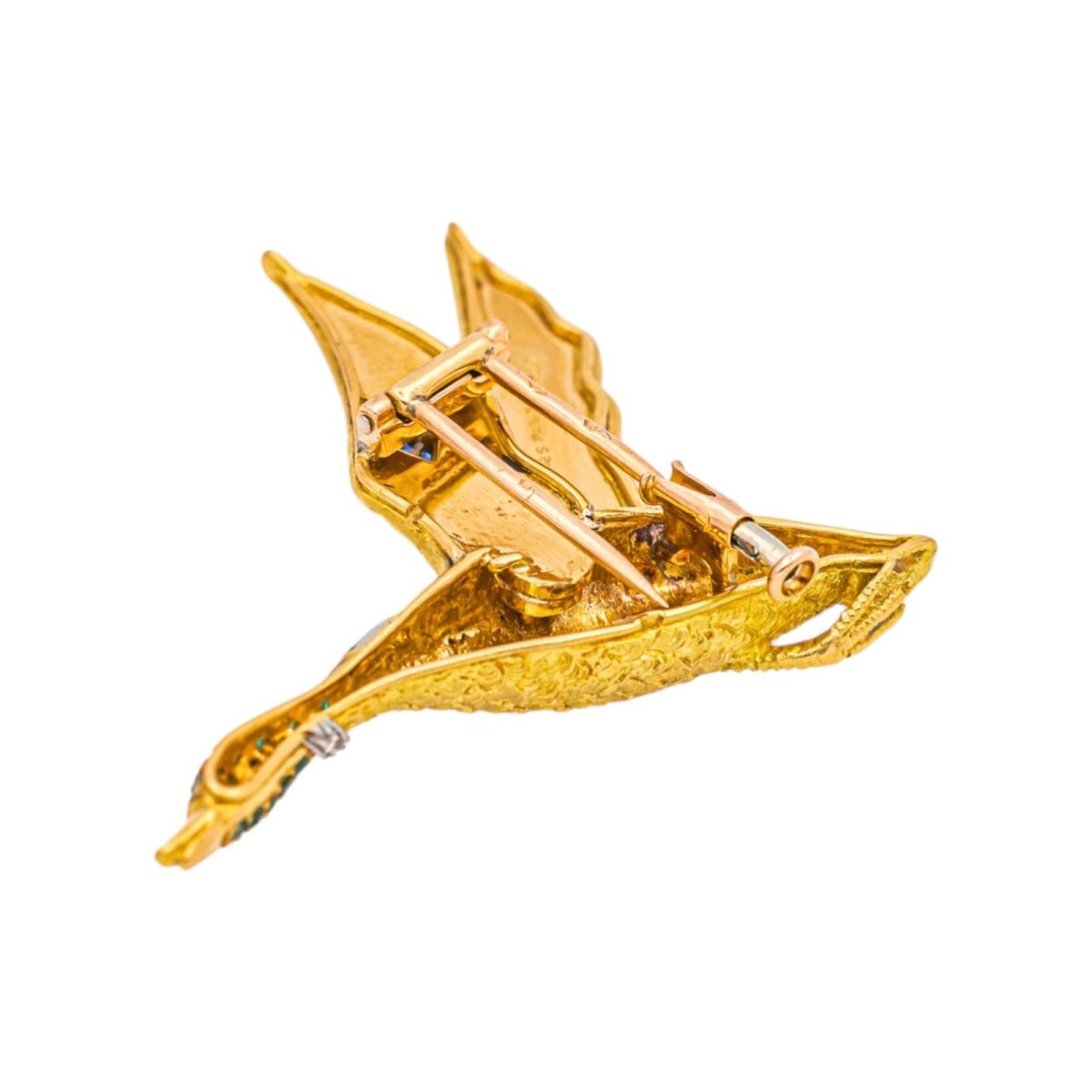 Broche HERMÈS "Oie Sauvage" en or jaune, or blanc, tsavorites, saphirs et diamants - Castafiore