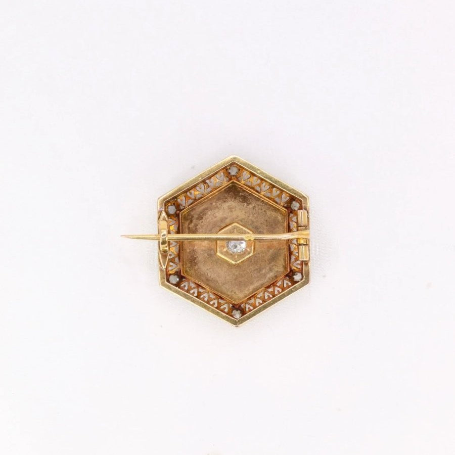 Broche hexagonale Napoléon III en or rose et diamant taille ancienne 0,25 ct - Castafiore