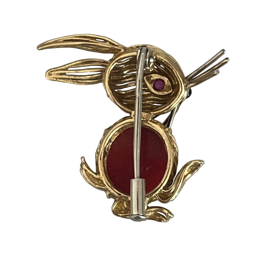 Broche LAPIN en or jaune corail rubis onyx - Castafiore