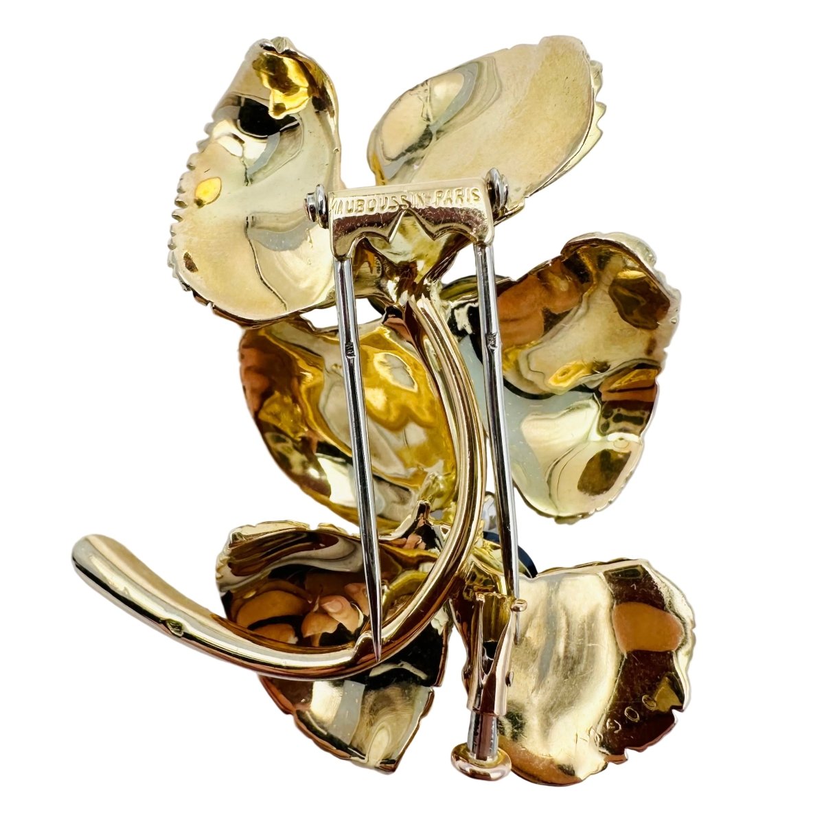 Broche MAUBOUSSIN "Deux fleurs" en or jaune, saphirs et diamant - Castafiore